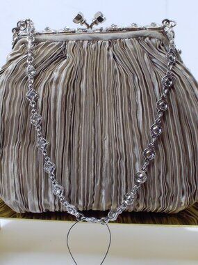Vanessa Silk Pleated Dress Clutch Bag with Rhinestone Accents and Chain Strap